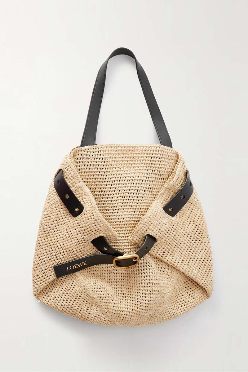 Punch Hole Leather-Trimmed Raffia Tote from Loewe