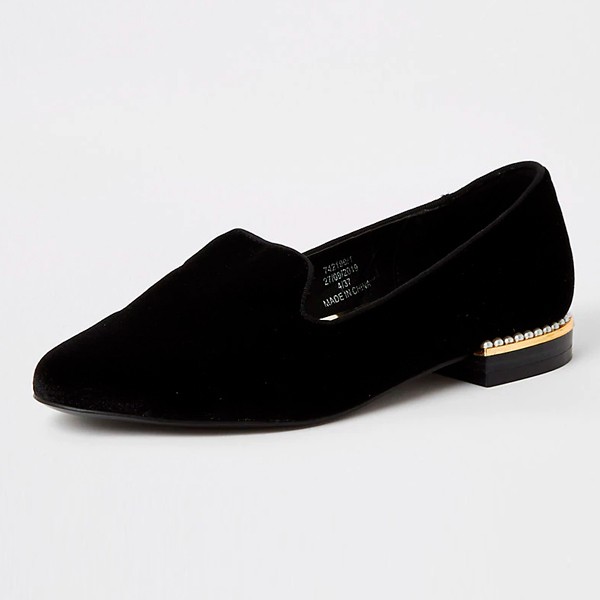 Black Velvet Pearl Embellished Slipper Shoes
