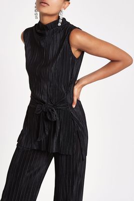 Black Plisse High-Neck Belted Top from River Island
