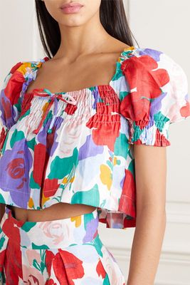 Lilla Cropped Shirred Floral-Print Linen Top from Faithful The Brand