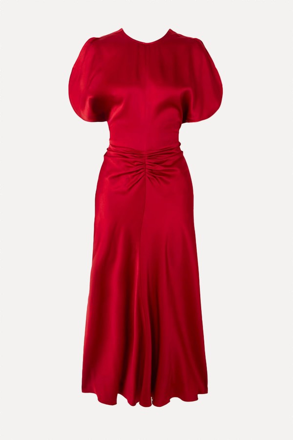 Gathered Satin Midi Dress from Victoria Beckham