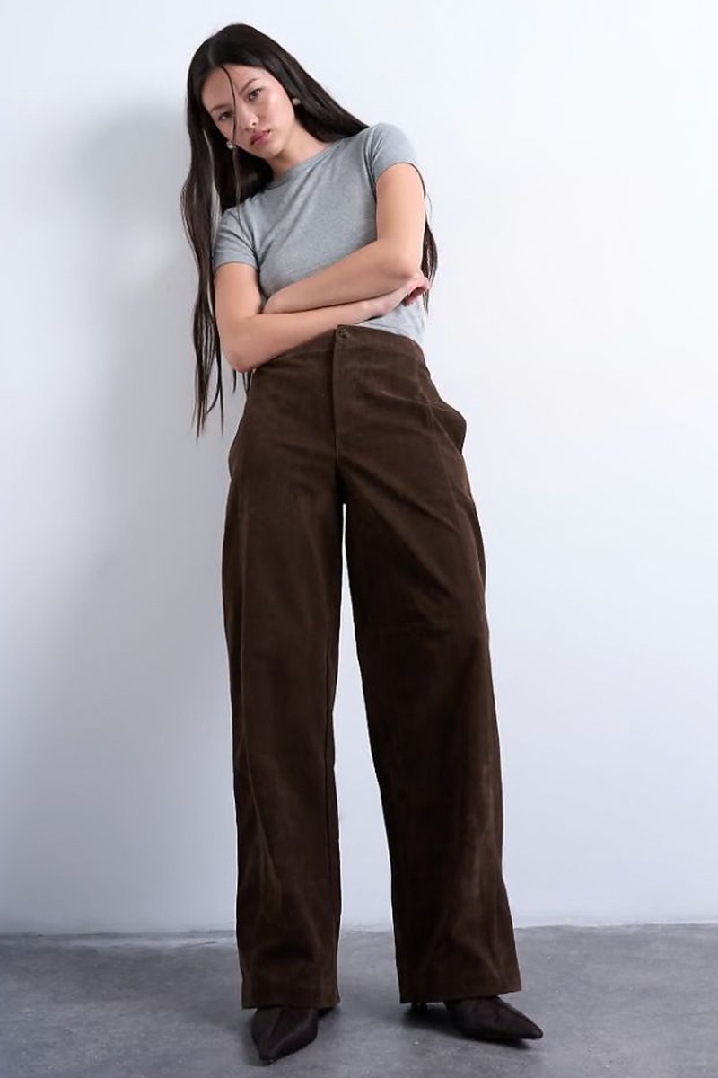 Faux Suede Wide Leg Trousers With Seam Detail 