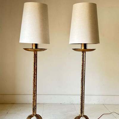 A Pair of Spanish Gilt Iron Candlesticks Floor Lamps from Nick Jones
