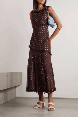 Barrette Asymmetric Tiered Metallic Fil Coupé Chiffon Midi Dress from Rixo