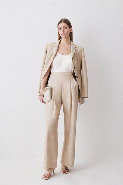 Herringbone Linen Darted Wide Leg Trouser