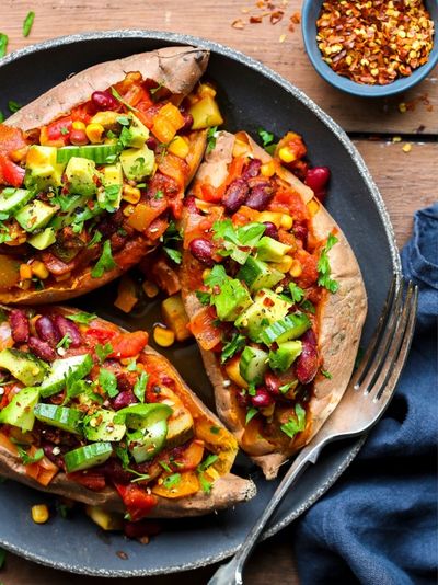 Rainbow Chilli-Stuffed Sweet Potatoes