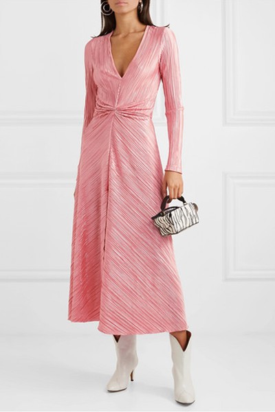 Gathered Plissé Satin-Jersey Midi Dress from Rotate Birger Christensen