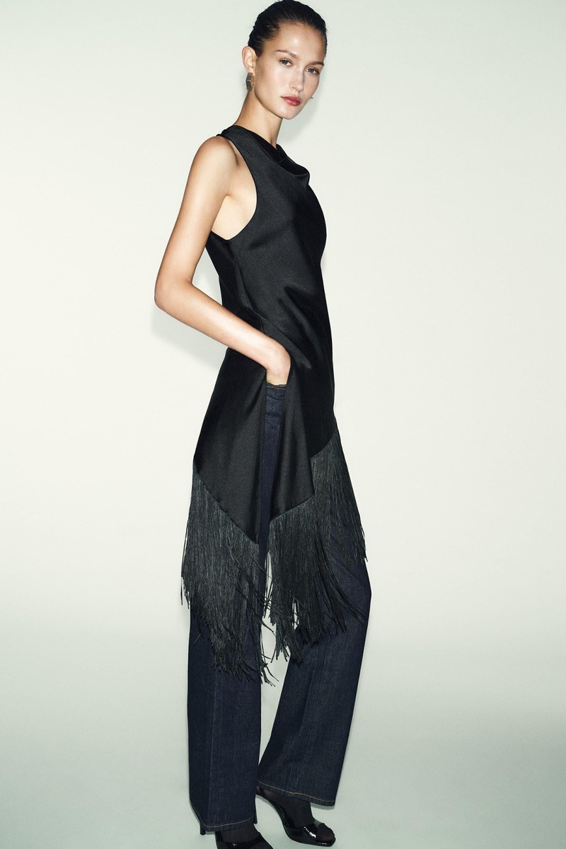  Long Satin Top With Fringing