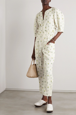 Cropped Gathered Floral-Print Linen Tapered Pants from Oroton