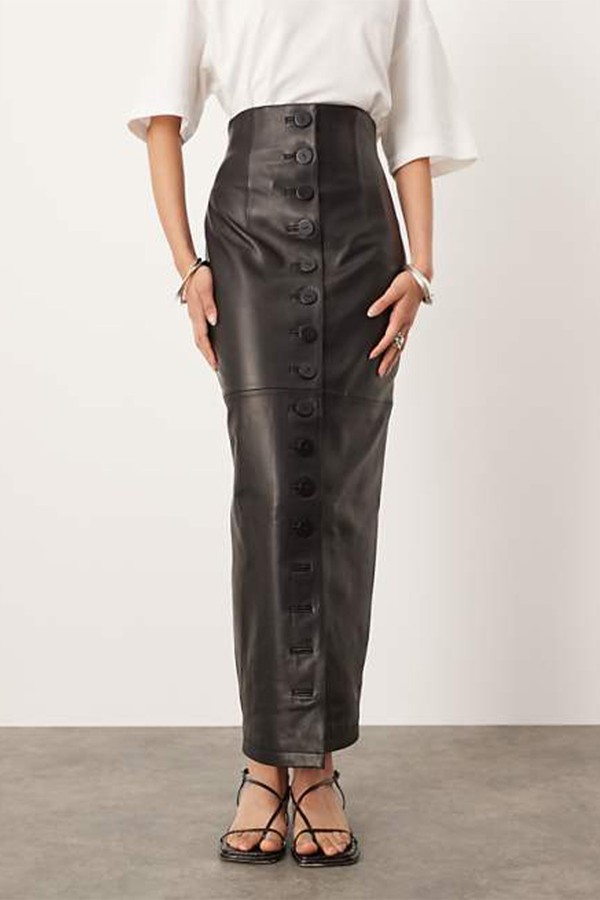 Soft Leather Maxi Skirt With High Waist & Buttons Detail from ASOS