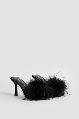 Feather Detail Heeled Mule