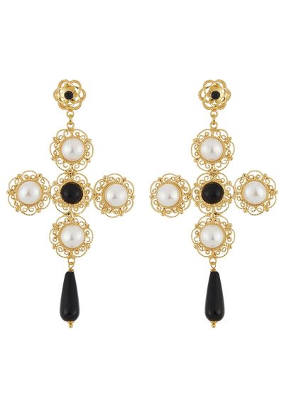 Black & Pearl Cross Earrings