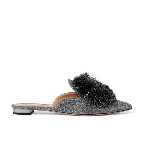 Powder Puff Pompom-Embellished Lurex Slippers from Aquazzura
