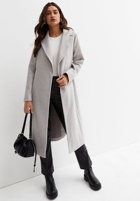Pale Grey Unlined Belted Long Coat