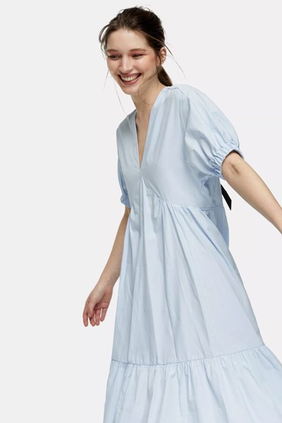 Blue Bow Back Poplin Midi Chuck On Dress