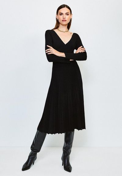 Wrap Pleated Skirt Knitted Dress