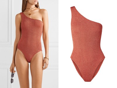 Nancy One-Shoulder Seersucker Swimsuit from Hunza G