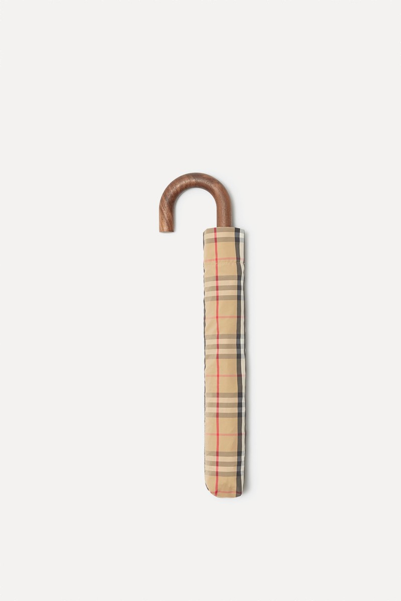 Vintage Check-Print Folding Umbrella