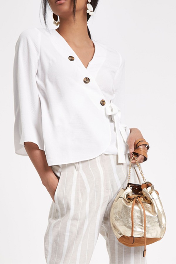 White Wrap Button Blouse