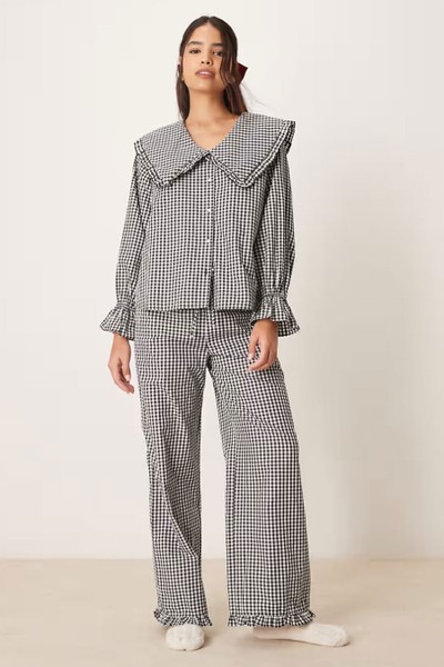 Oversized Collar Shirt & Frill Hem Trousers Pyjama Co Ord from ASOS Design