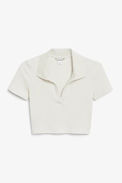 Biege Cropped Ribbed Polo Top from Monki