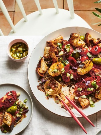 Grilled Tomatoes, Gratin & Lentil Mix With Pickled Cucumber Dressing & Sourdough Croutons