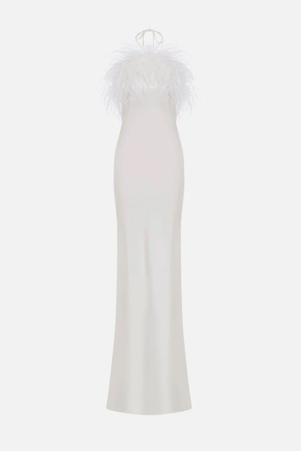 Ada Triangle Neck Feathered Satin Maxi Dress from Ila