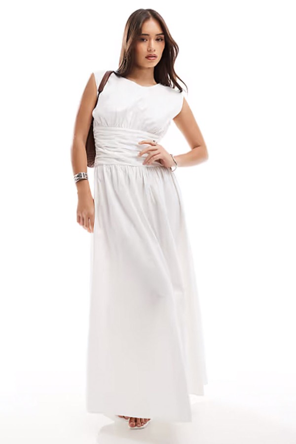 Poplin Dropped Waist Drape Detail Maxi Dress from 4th & Reckless