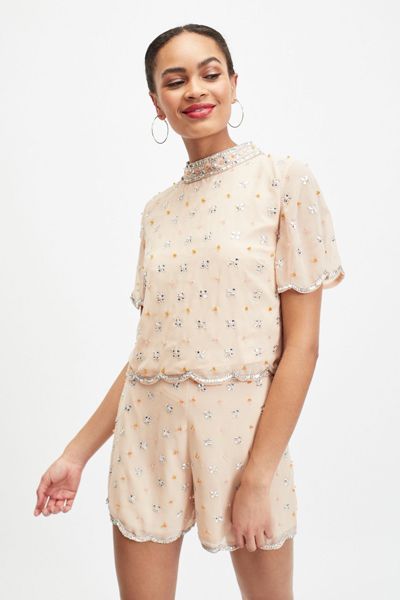 Peach Beaded Scallop Funnel Neck Blouse from Miss Selfridge