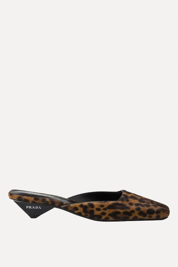 Leopard-Print Square-Toe Leather Heeled Mules from Prada