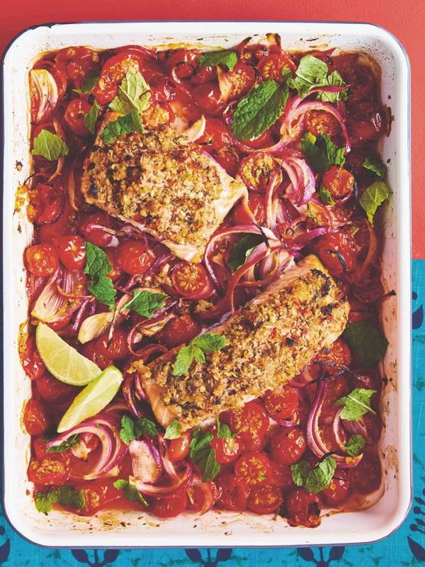 Chilli, Coconut & Lime Salmon With Roasted Cherry Tomatoes