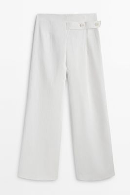 Waxed Linen Wide-Leg Trousers With Buttoned Tab from Massimo Dutti