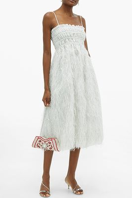 Feather-Trimmed Shirred Lamé Midi Dress from Ganni