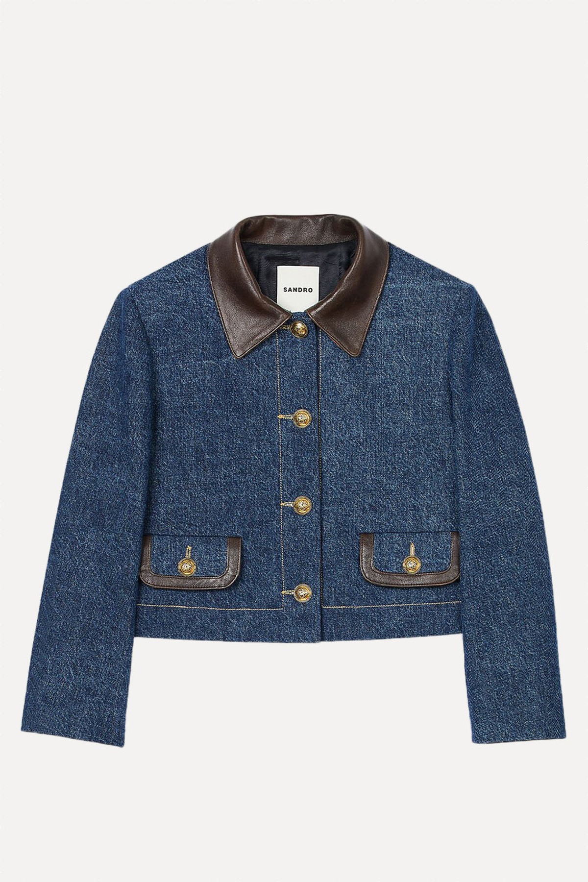 Leather-Collar Button-Down Denim Jacket from Sandro