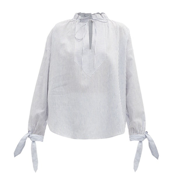 Nika Tie-Neck Striped Linen-Blend Blouse from Belize