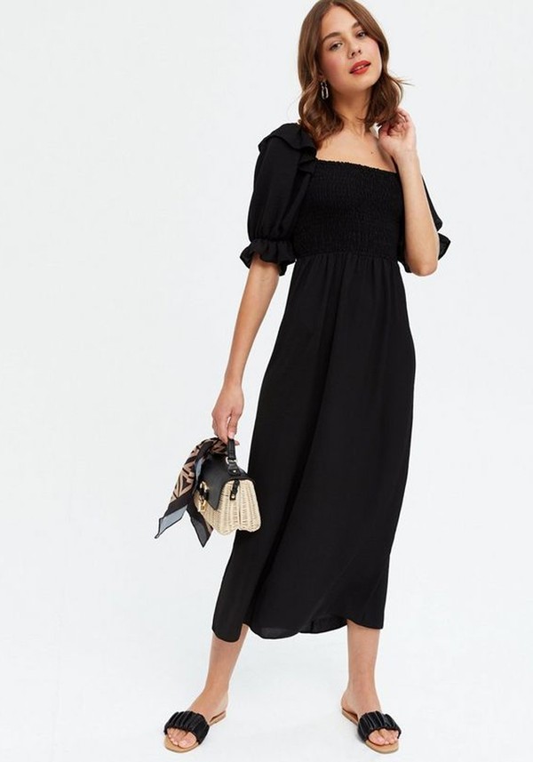 Textured Ruffle Shirred Square Neck Midi Dress from New Look