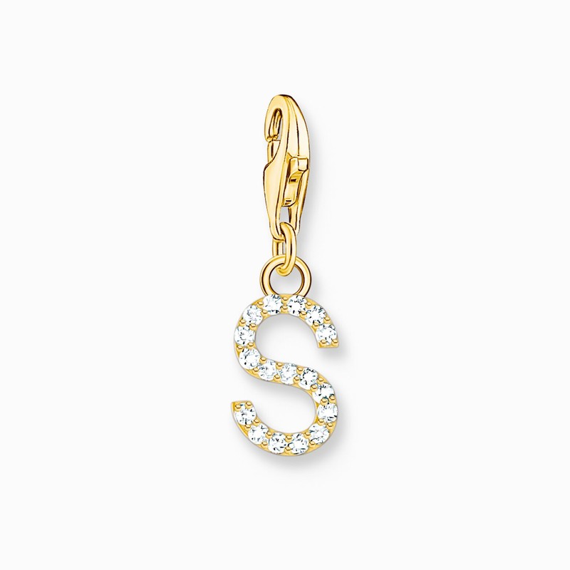 Charm Pendant Letter S With White Stones Gold Plated