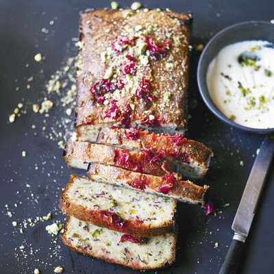 Pistachio, Lemon & Rose Drizzle Cake With Rose Cream