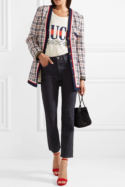 Grosgrain-Trimmed Metallic Tweed Jacket from Gucci