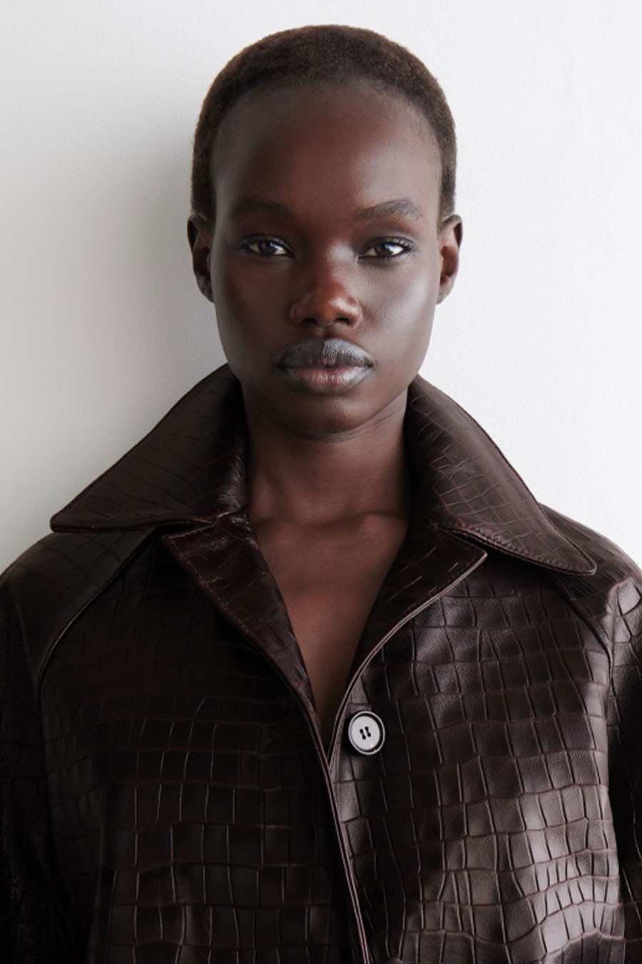 Croc-Embossed Leather Long Coat from COS