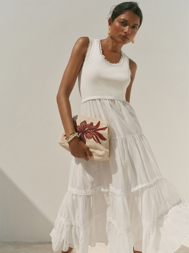 Crochet Trim Tiered Midi Dress 