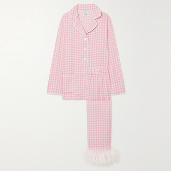 Feather-Trimmed Gingham Crepe De Chine Pajama Set, £220 | Sleeper