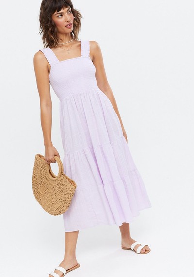 Lilac Square Neck Tiered Midi Dress