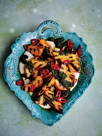 Grilled Peaches With Silken Tofu, Thai Basil & Lime Leaf Gremolata