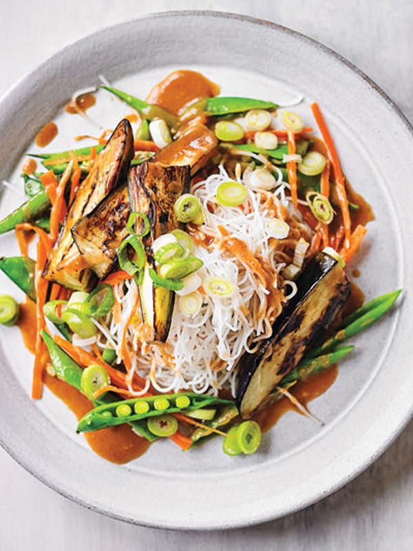 Aubergine, Rice Noodles & Peanut Dressing