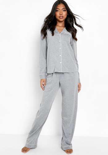 Tall Jersey Button Pj Long Sleeve Trouser Set from Boohoo