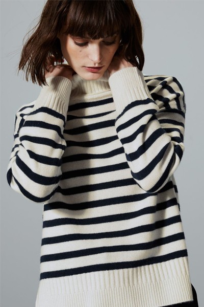 Pure Cashmere Striped Roll Neck Jumper