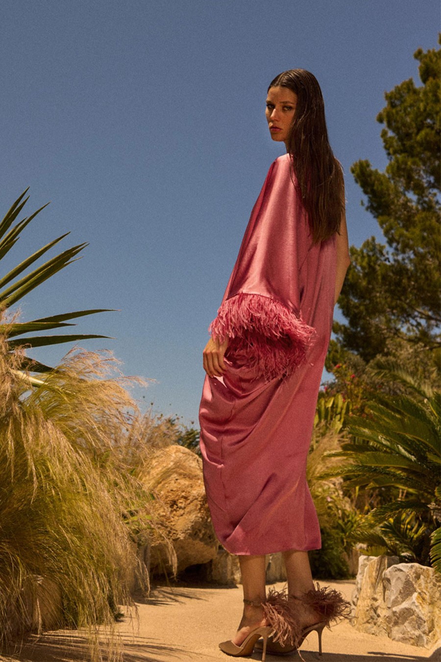 Feathered Satin Long Dress from Zara