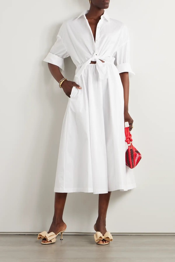Lisa Bow-Detailed Gathered Cutout Cotton-Blend Poplin Midi Shirt Dress from Staud