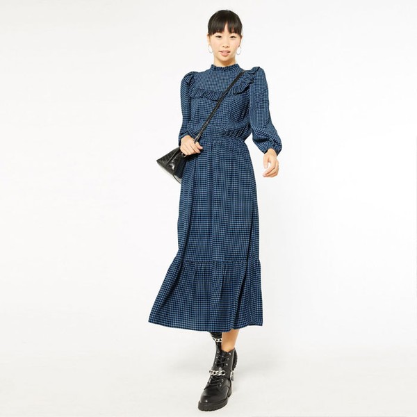 Blue Check Frill Tiered Midi Dress
